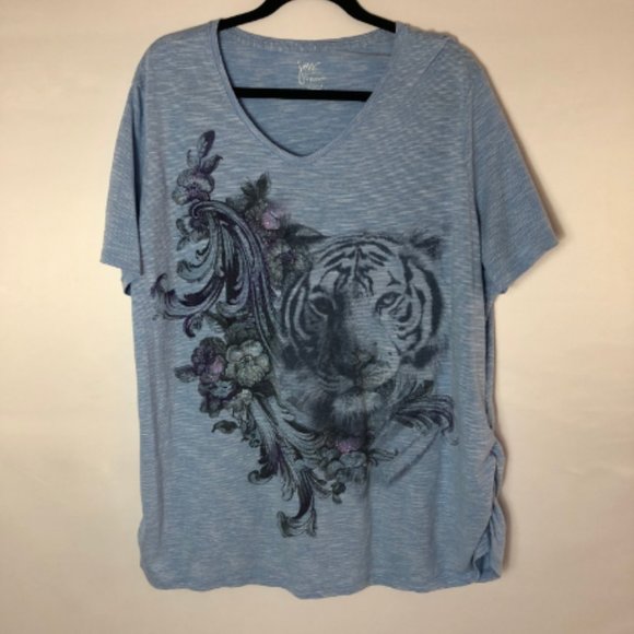 Blue & White Striped Glitter Tiger V Neck SZ 3X - Picture 1 of 6